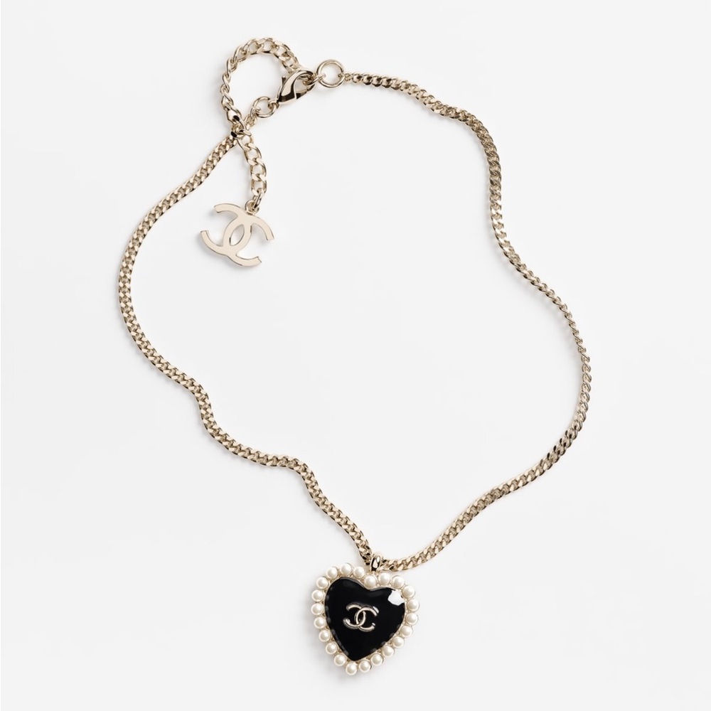 Chanel Necklace with Black Heart Pendant and Pearl Accent
